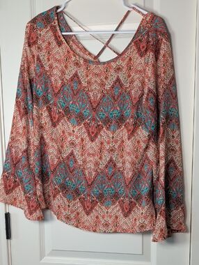 Wishful Park Coral & Teal Boho Crisscross Long Sleeve Top